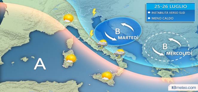 Meteo Abruzzo&Marche:ultimi disturbi, da giovedì rimonta l’alta pressione. Quindi molto caldo (Fonti BMeteo)